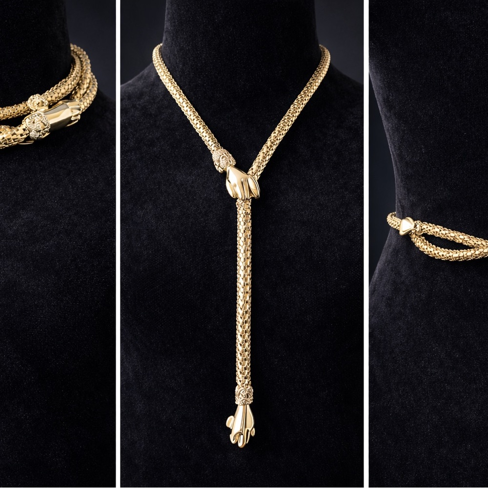 NEW DL Auld Vintage Mesh Snake Necklace Belt Gold Lariat Choker 70s 80s